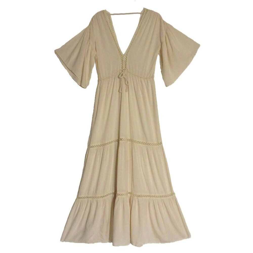 NWT Jen's Pirate Booty Blue Mist Maxi in Natural Ivory V-neck Tiered Dress S